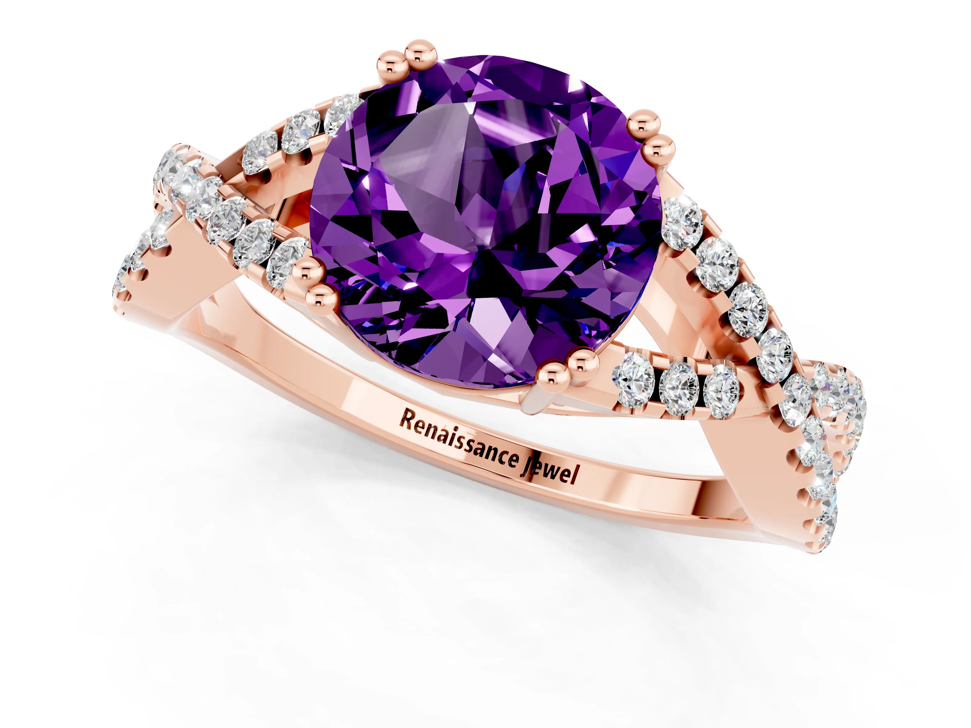 Rose gold Round Cut Amethyst Solitaire Ring with Four-Prong Setting and Twisted Pavé Band_1