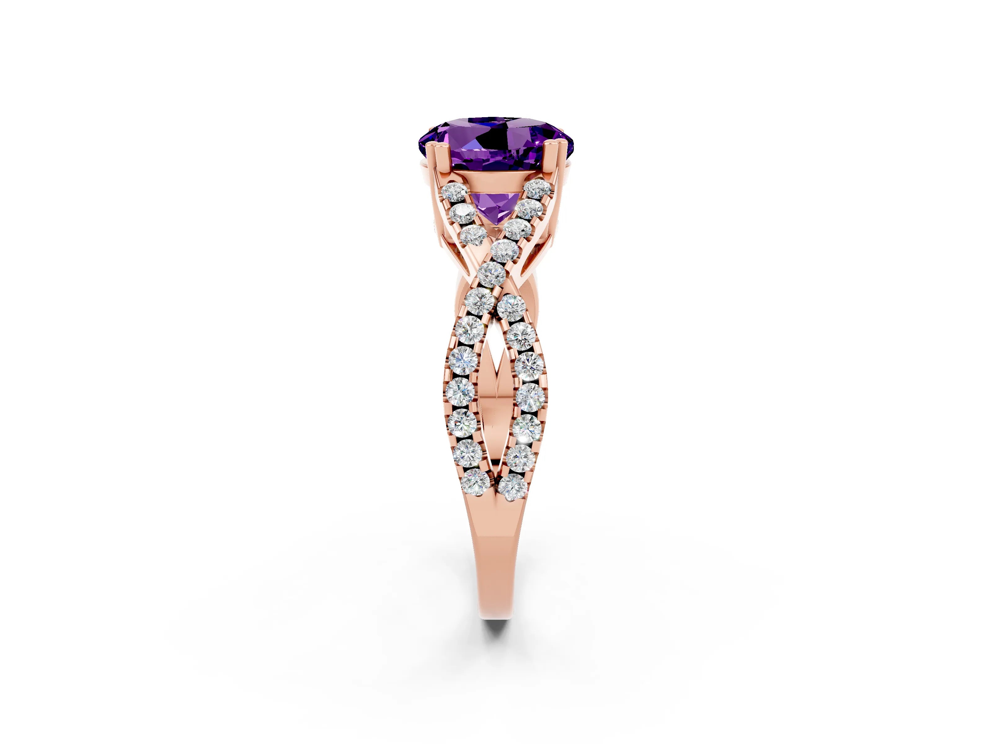 Rose gold Round Cut Amethyst Solitaire Ring with Four-Prong Setting and Twisted Pavé Band_2