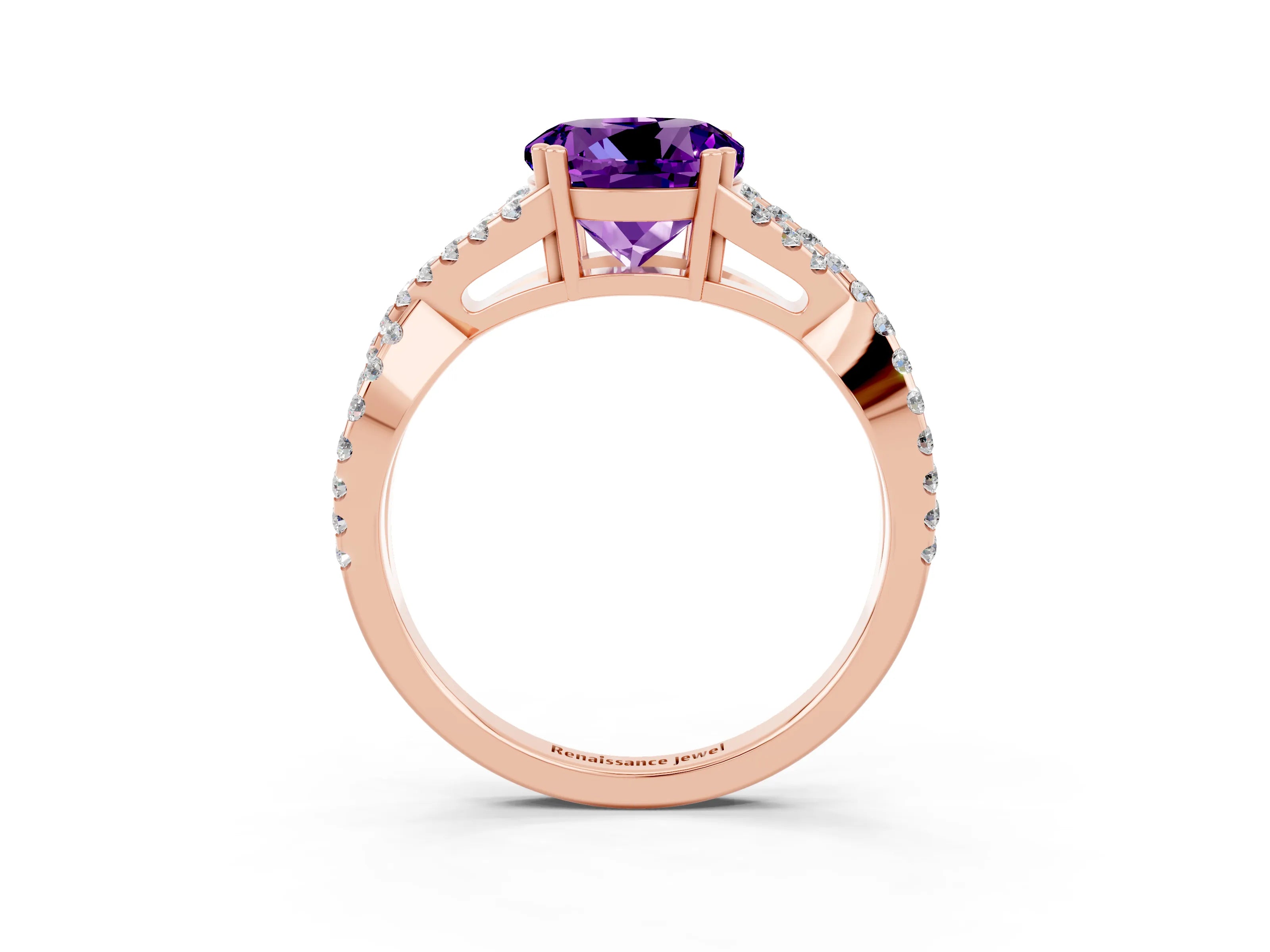 Rose gold Round Cut Amethyst Solitaire Ring with Four-Prong Setting and Twisted Pavé Band_3