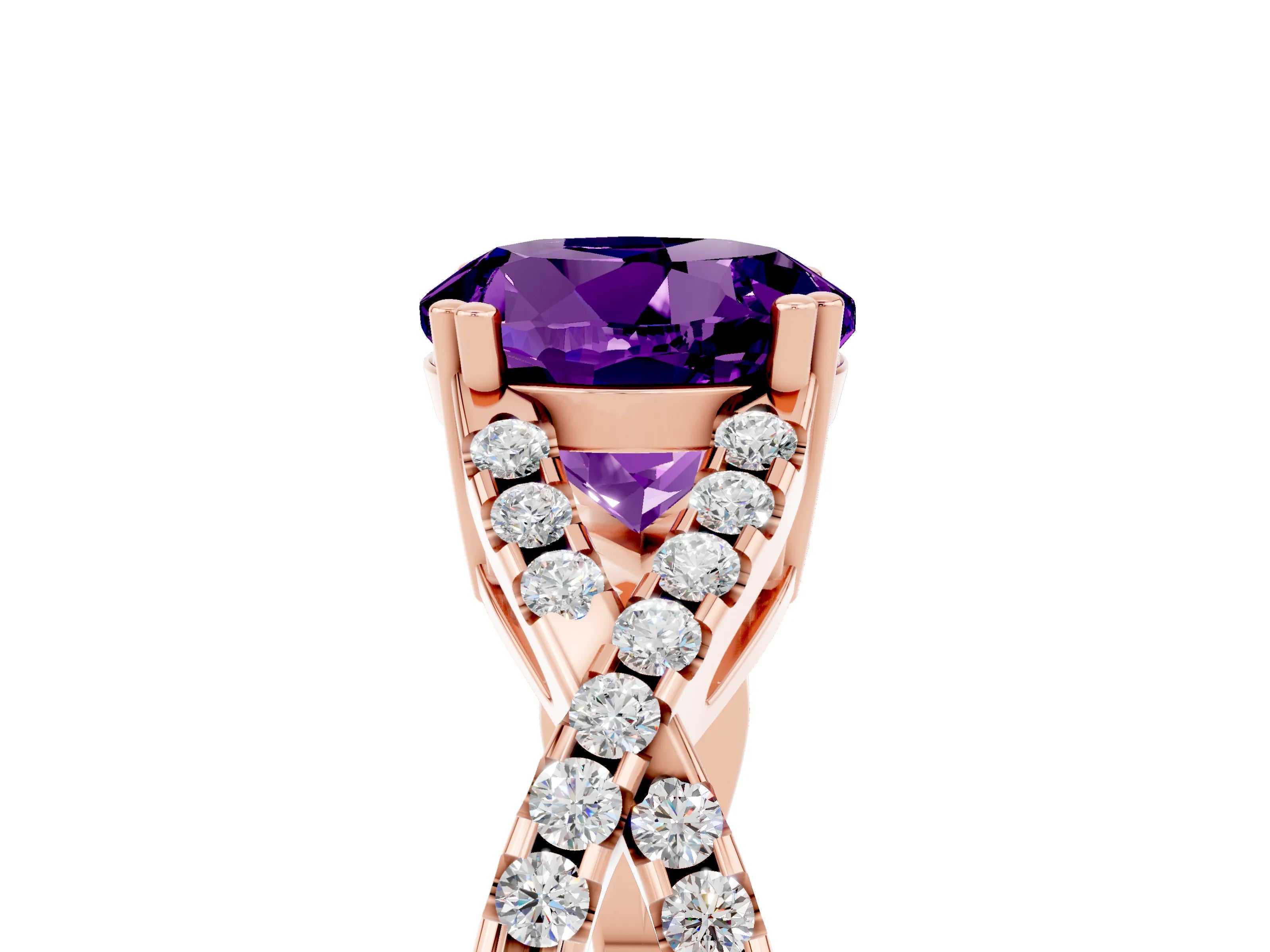 Rose gold Round Cut Amethyst Solitaire Ring with Four-Prong Setting and Twisted Pavé Band_5