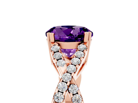 Rose gold Round Cut Amethyst Solitaire Ring with Four-Prong Setting and Twisted Pavé Band_5