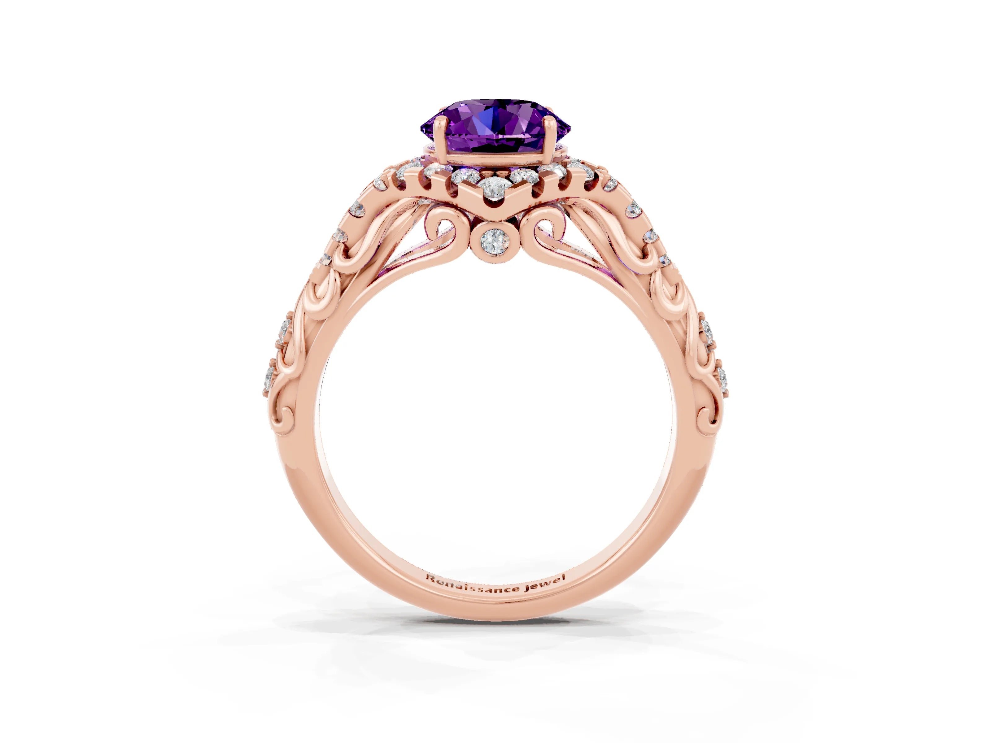 Rose gold Round Cut Amethyst Solitaire Ring with Hidden Halo and Pavé Band_15
