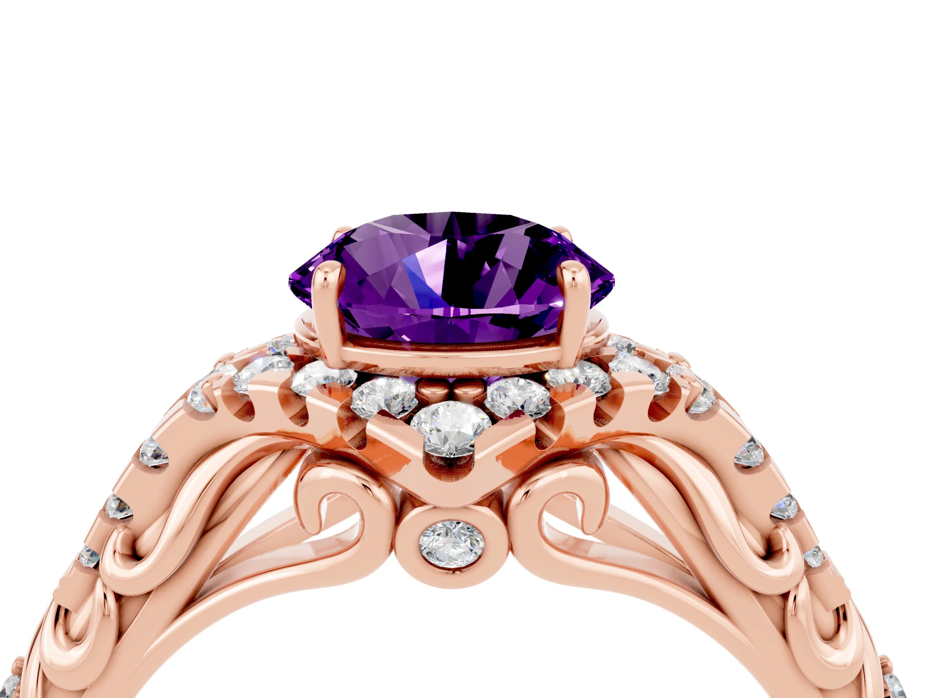 Rose gold Round Cut Amethyst Solitaire Ring with Hidden Halo and Pavé Band_16