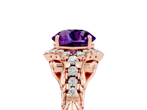 Rose gold Round Cut Amethyst Solitaire Ring with Hidden Halo and Pavé Band_17