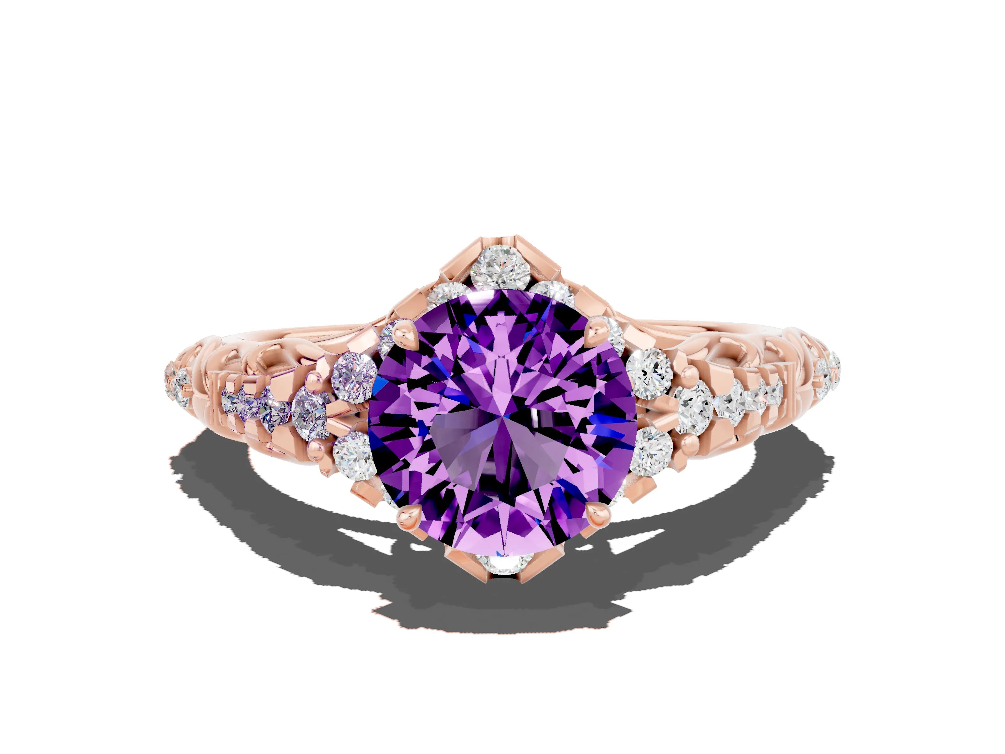 Rose gold Round Cut Amethyst Solitaire Ring with Hidden Halo and Pavé Band_20