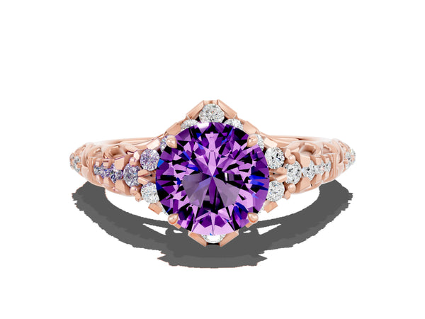 Rose gold Round Cut Amethyst Solitaire Ring with Hidden Halo and Pavé Band