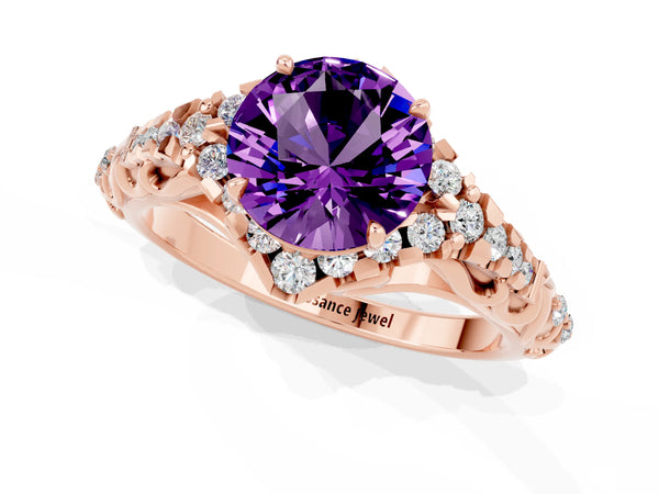 Rose gold Round Cut Amethyst Solitaire Ring with Hidden Halo and Pavé Band