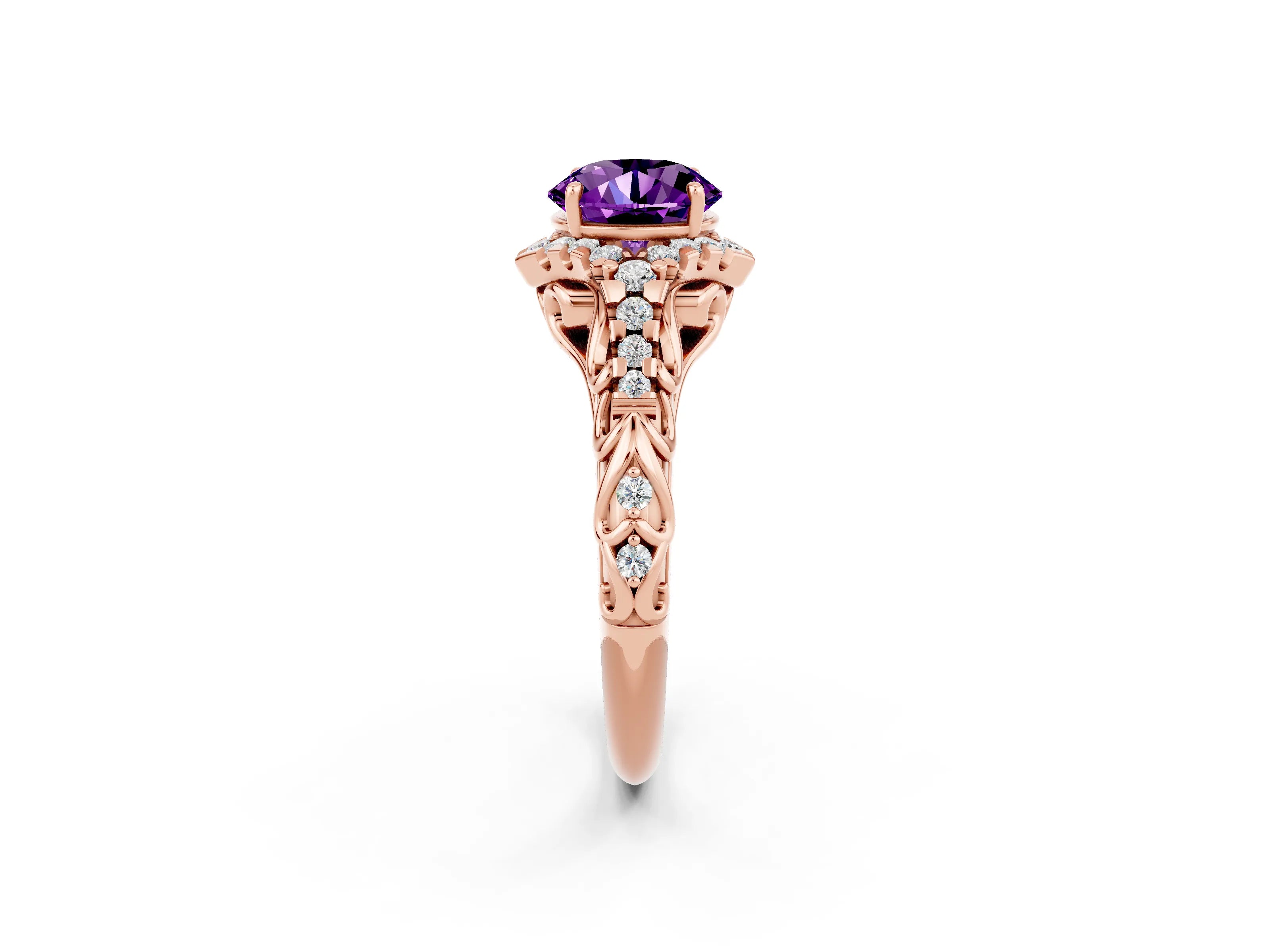 Rose gold Round Cut Amethyst Solitaire Ring with Hidden Halo and Pavé Band_22