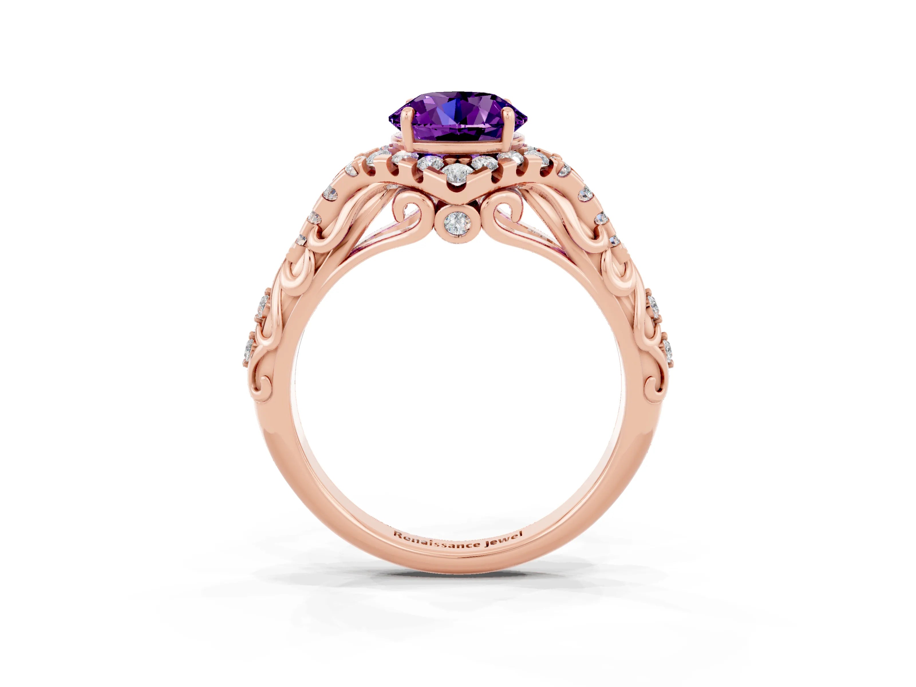 Rose gold Round Cut Amethyst Solitaire Ring with Hidden Halo and Pavé Band_23
