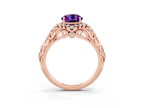 Rose gold Round Cut Amethyst Solitaire Ring with Hidden Halo and Pavé Band_23