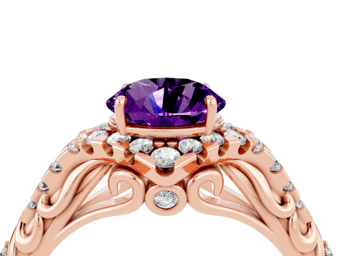 Rose gold Round Cut Amethyst Solitaire Ring with Hidden Halo and Pavé Band_24