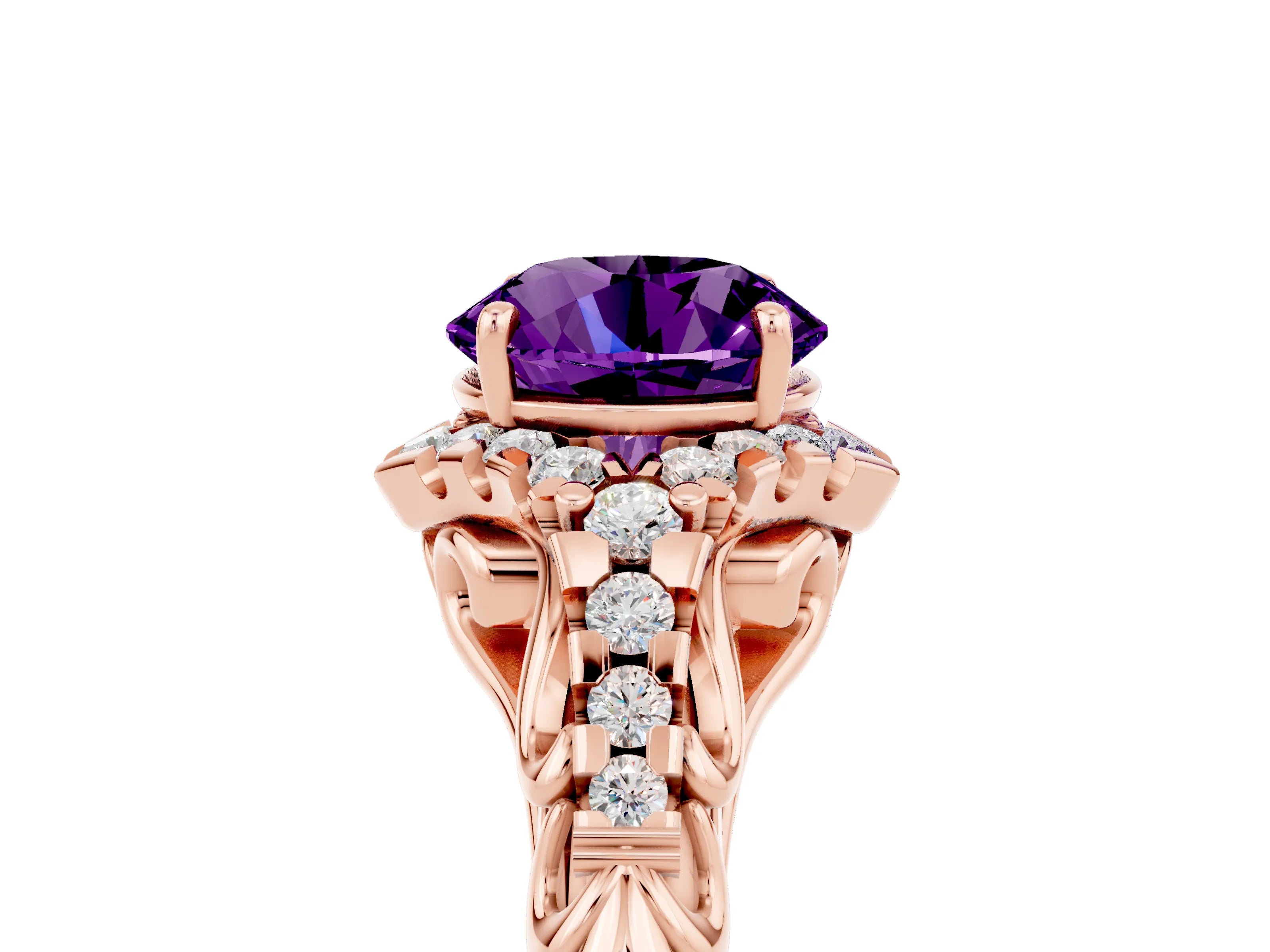 Rose gold Round Cut Amethyst Solitaire Ring with Hidden Halo and Pavé Band_25