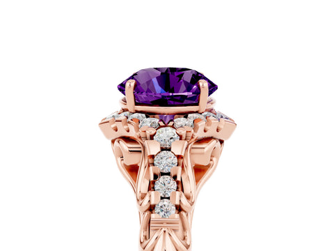 Rose gold Round Cut Amethyst Solitaire Ring with Hidden Halo and Pavé Band_25