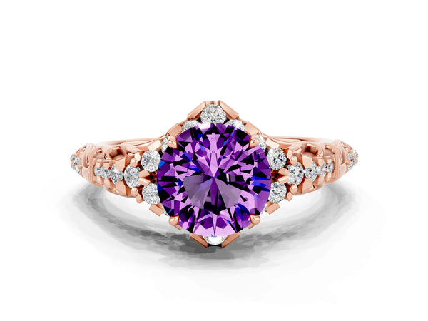 Rose gold Round Cut Amethyst Solitaire Ring with Hidden Halo and Pavé Band