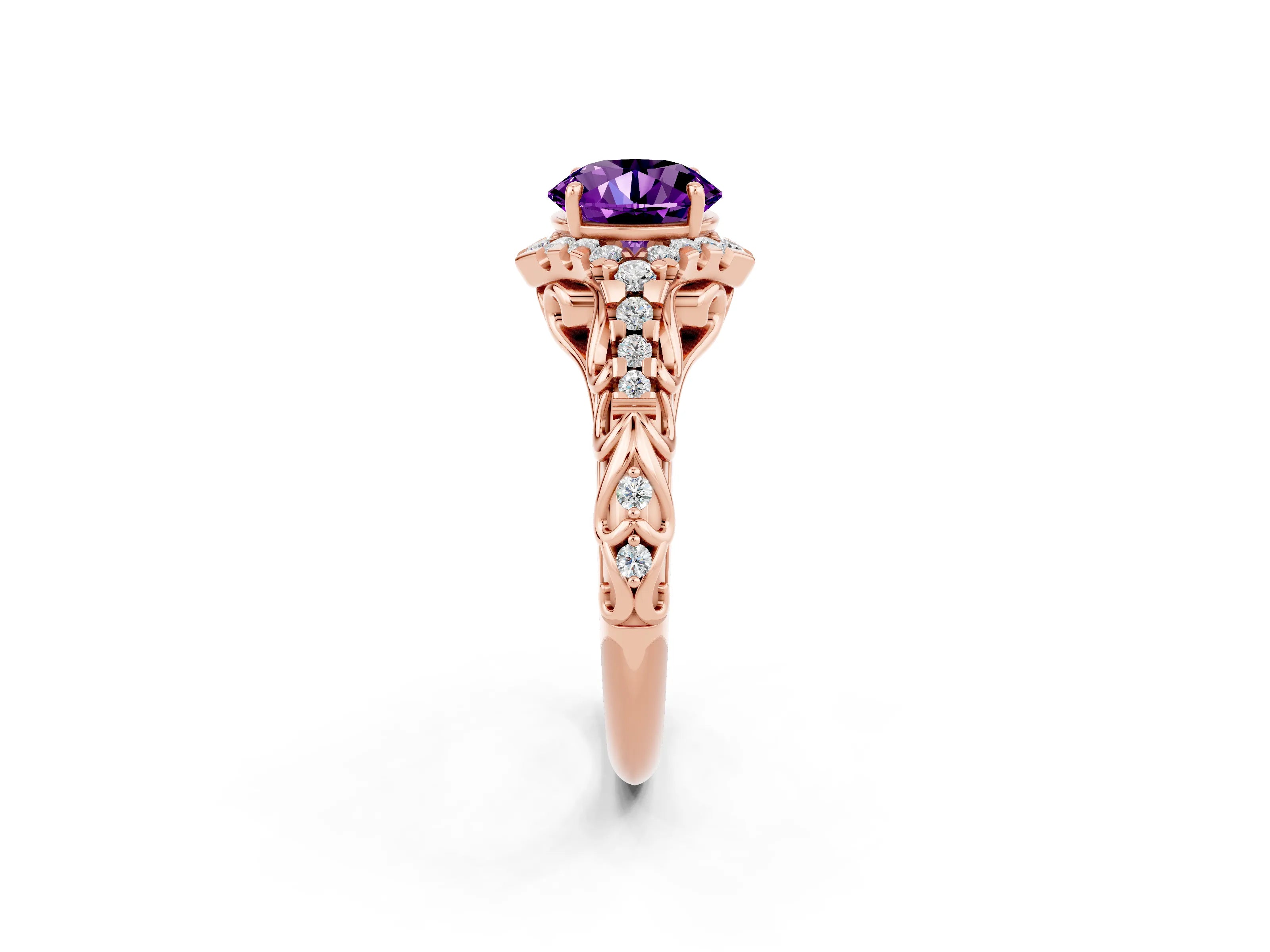 Rose gold Round Cut Amethyst Solitaire Ring with Hidden Halo and Pavé Band_36
