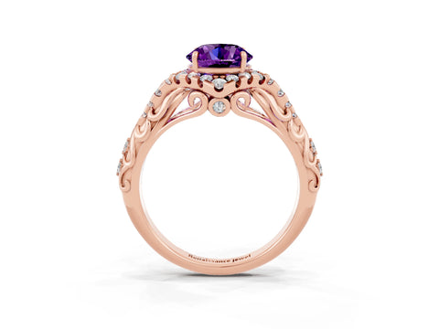 Rose gold Round Cut Amethyst Solitaire Ring with Hidden Halo and Pavé Band_37