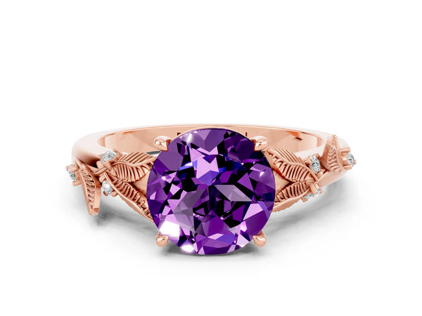 Rose gold Round Cut Amethyst Solitaire Ring with Leaf Motif Band and Four-Prong Setting