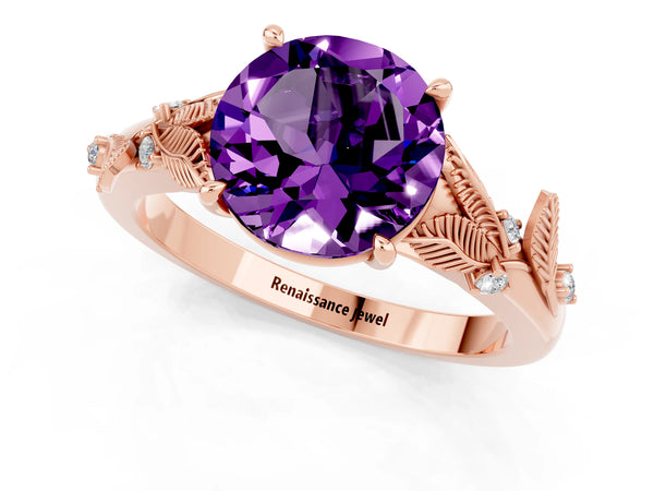Rose gold Round Cut Amethyst Solitaire Ring with Leaf Motif Band and Four-Prong Setting
