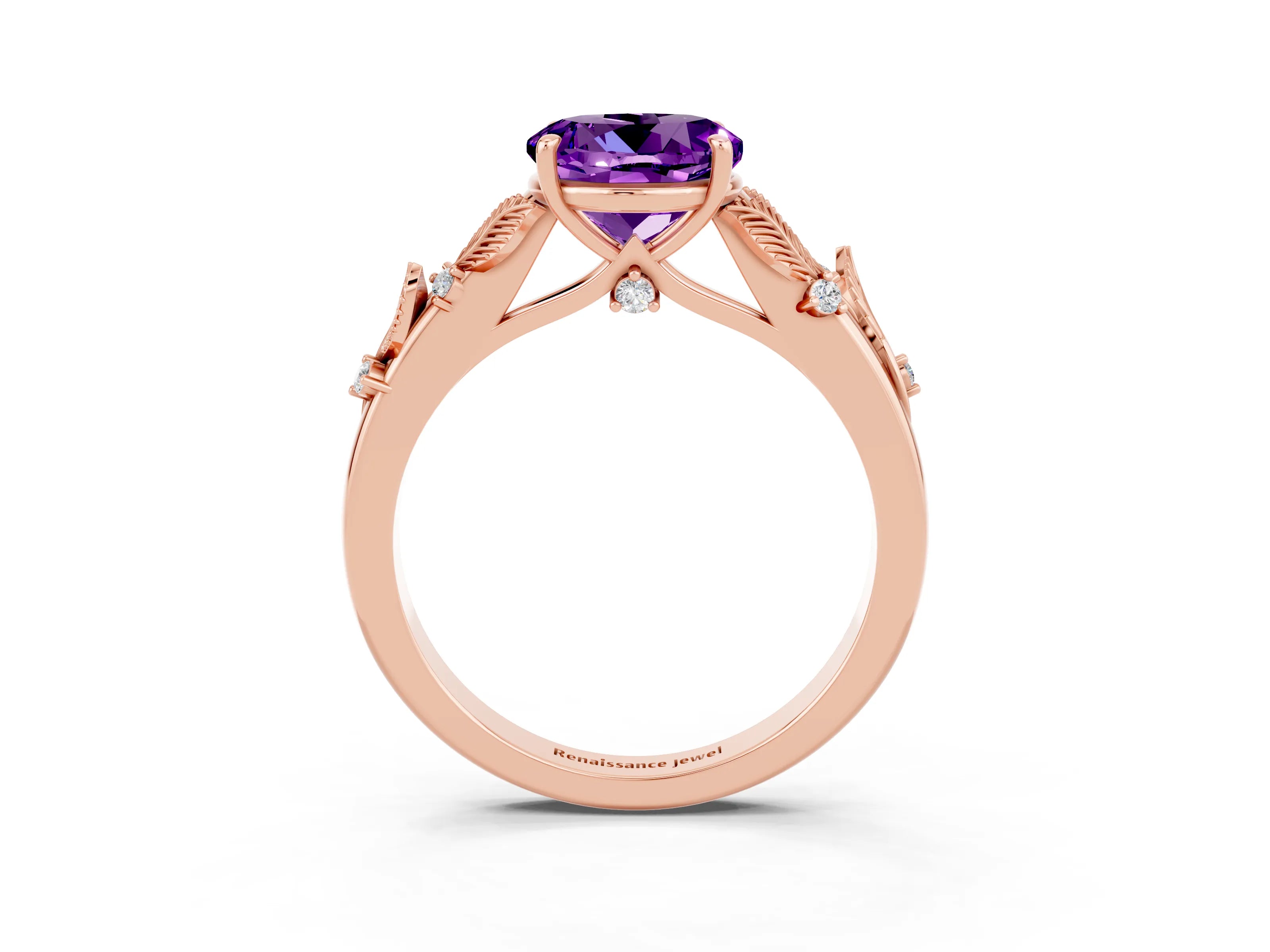 Rose gold Round Cut Amethyst Solitaire Ring with Leaf Motif Band and Four-Prong Setting_3