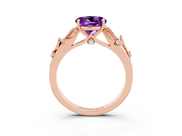 Rose gold Round Cut Amethyst Solitaire Ring with Leaf Motif Band and Four-Prong Setting