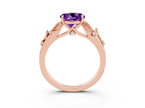 Rose gold Round Cut Amethyst Solitaire Ring with Leaf Motif Band and Four-Prong Setting_3