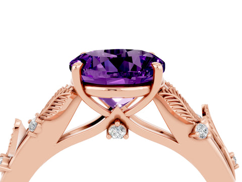Rose gold Round Cut Amethyst Solitaire Ring with Leaf Motif Band and Four-Prong Setting_4