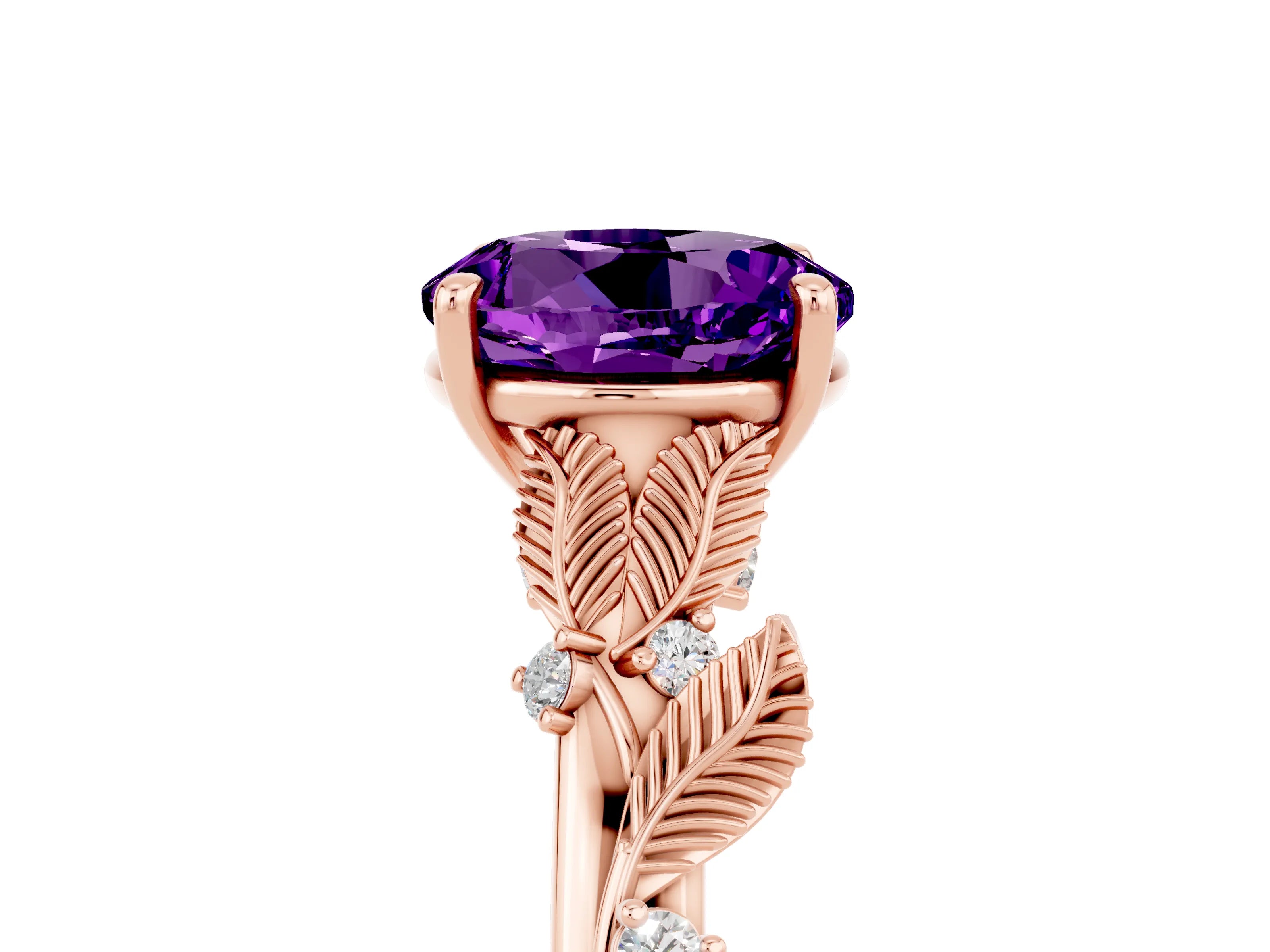 Rose gold Round Cut Amethyst Solitaire Ring with Leaf Motif Band and Four-Prong Setting_5