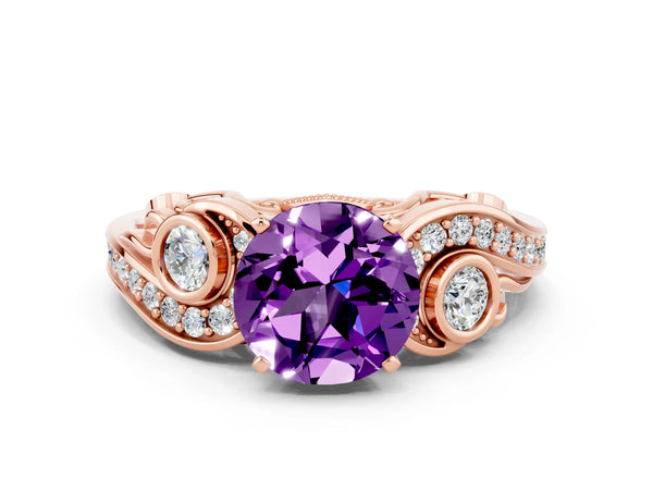 Rose gold Round Cut Amethyst Solitaire Ring with Milgrain Pavé Band and Four-Prong Setting