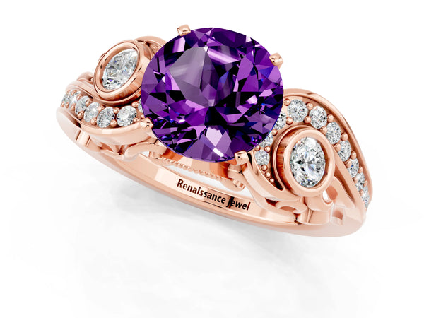 Rose gold Round Cut Amethyst Solitaire Ring with Milgrain Pavé Band and Four-Prong Setting