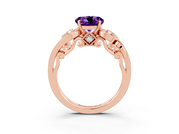 Rose gold Round Cut Amethyst Solitaire Ring with Milgrain Pavé Band and Four-Prong Setting