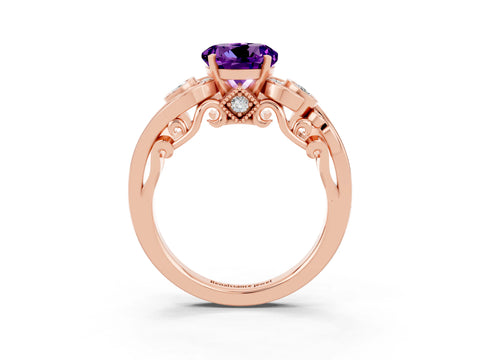 Rose gold Round Cut Amethyst Solitaire Ring with Milgrain Pavé Band and Four-Prong Setting_27