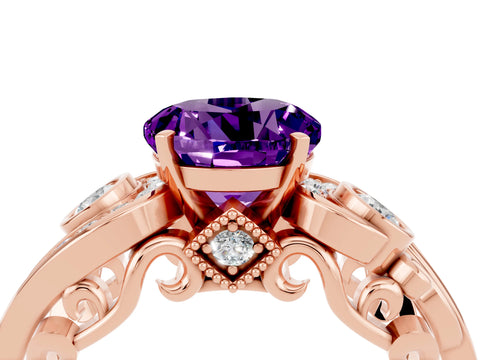Rose gold Round Cut Amethyst Solitaire Ring with Milgrain Pavé Band and Four-Prong Setting_28