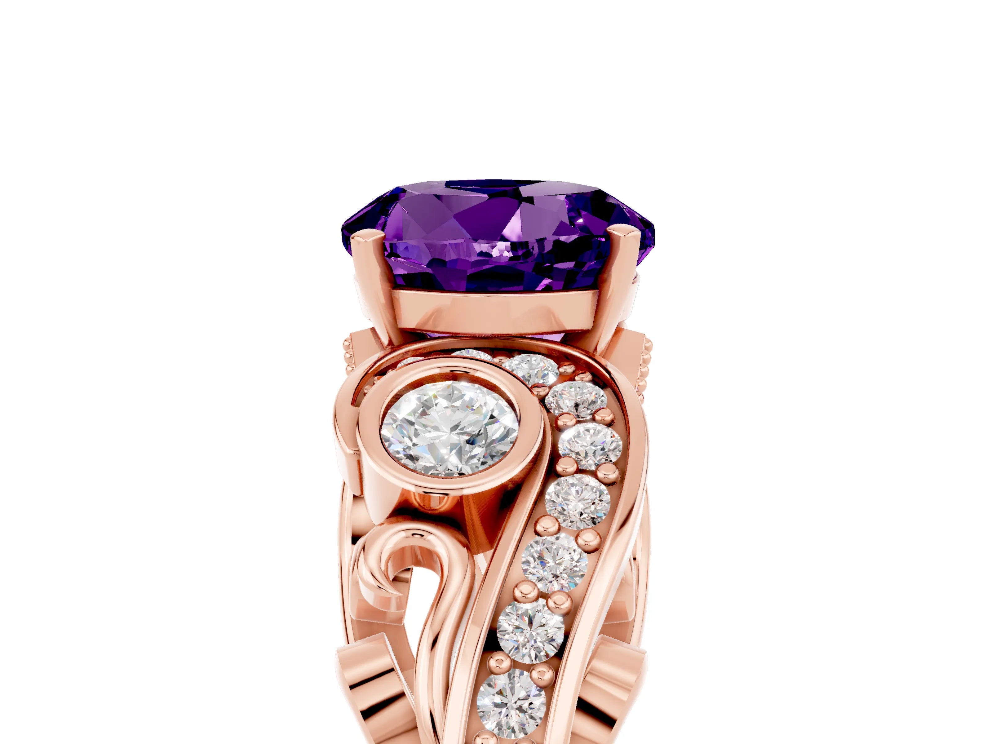 Rose gold Round Cut Amethyst Solitaire Ring with Milgrain Pavé Band and Four-Prong Setting_29
