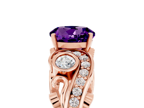 Rose gold Round Cut Amethyst Solitaire Ring with Milgrain Pavé Band and Four-Prong Setting_29
