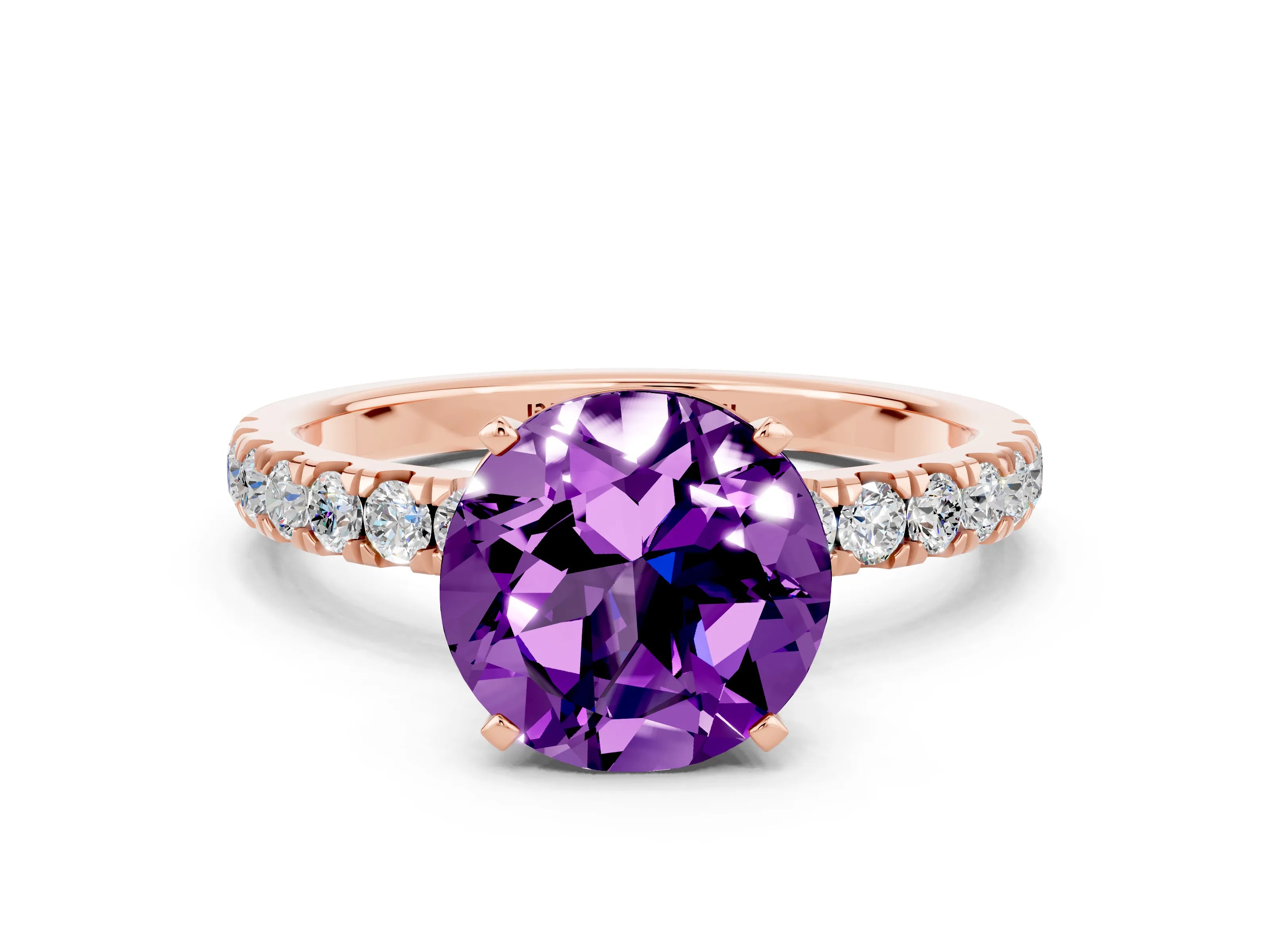 Rose gold Round Cut Amethyst Solitaire Ring with Pavé Accents and Four-Prong Setting