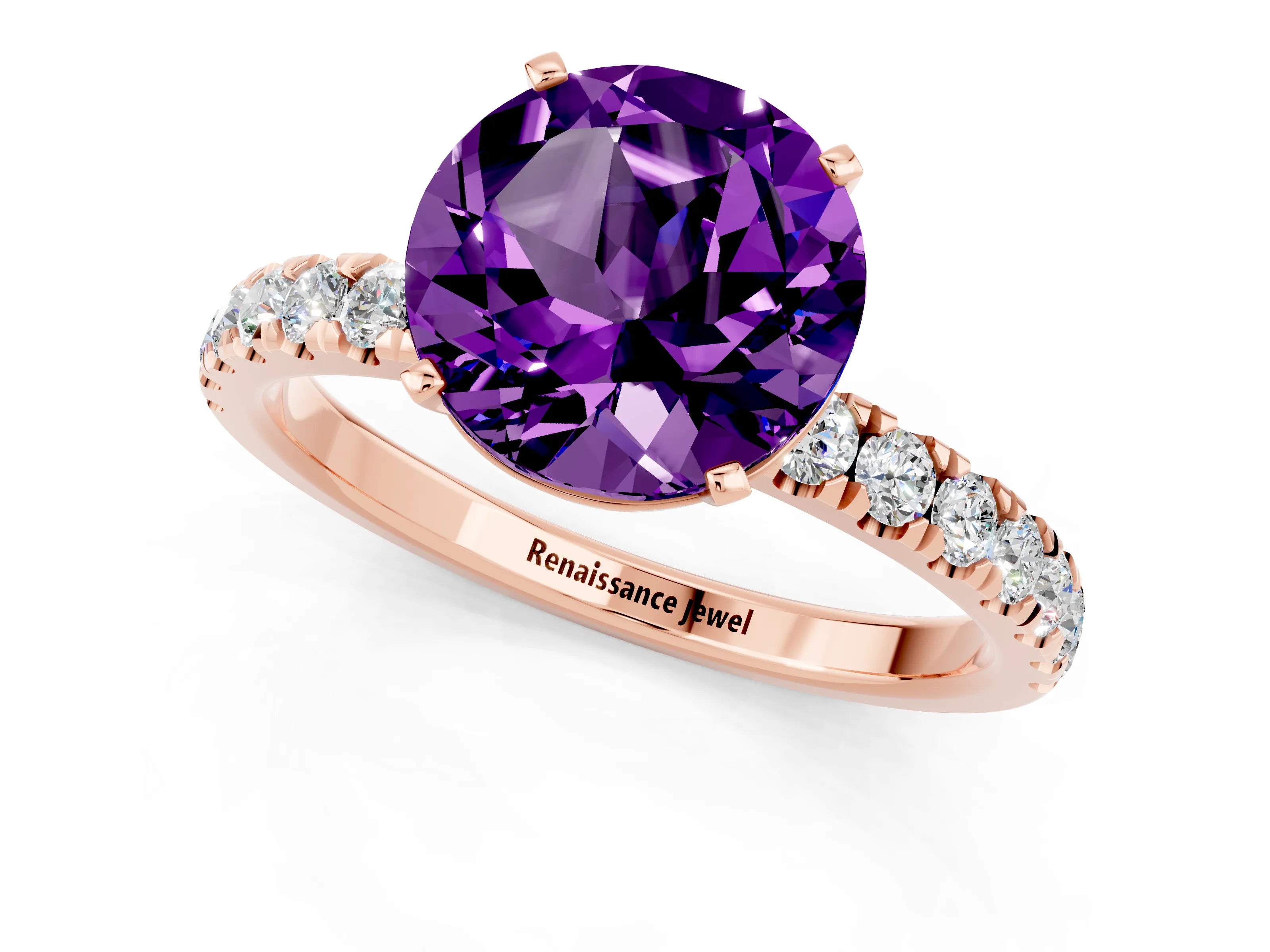 Rose gold Round Cut Amethyst Solitaire Ring with Pavé Accents and Four-Prong Setting_1
