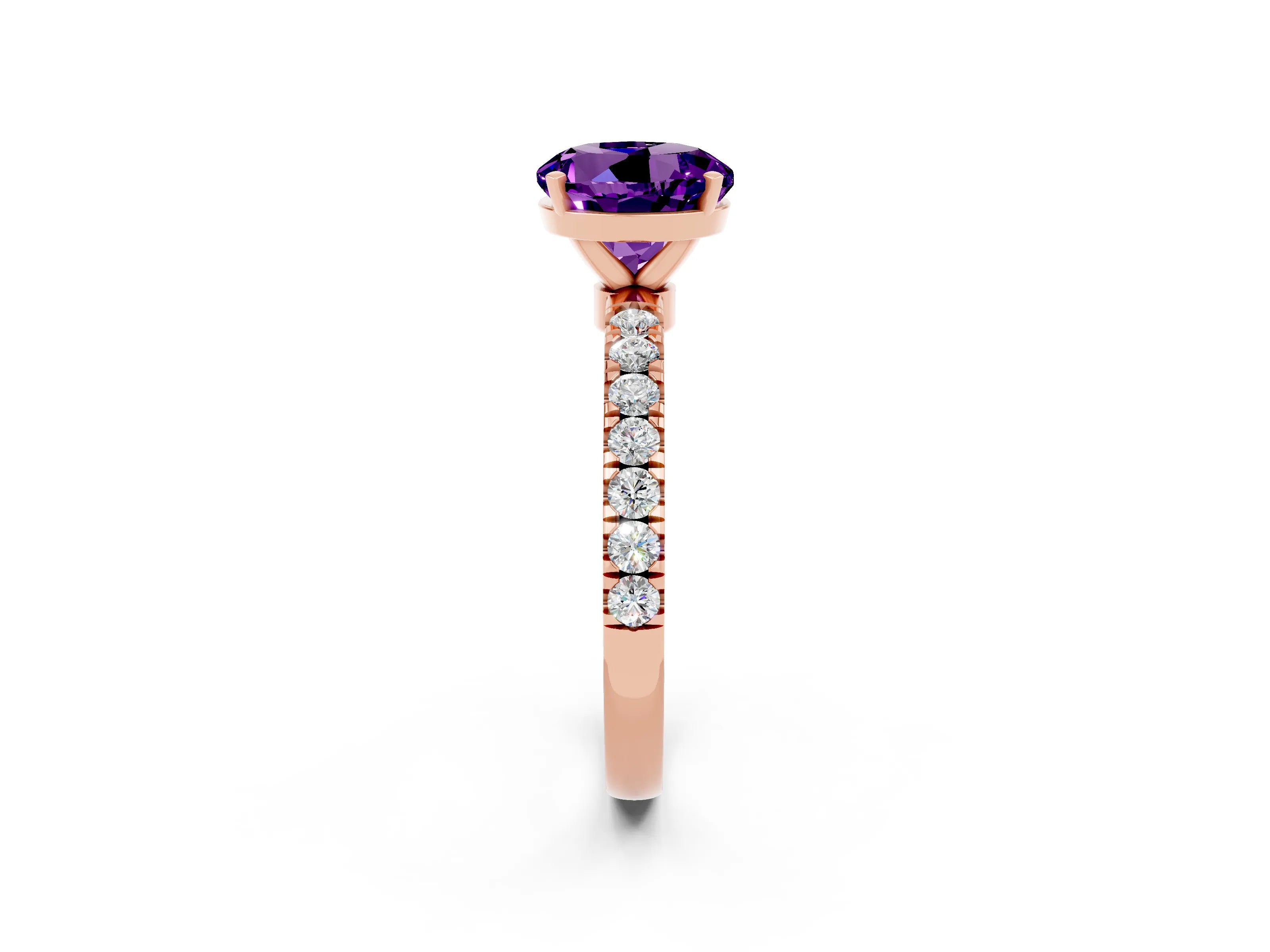 Rose gold Round Cut Amethyst Solitaire Ring with Pavé Accents and Four-Prong Setting_2