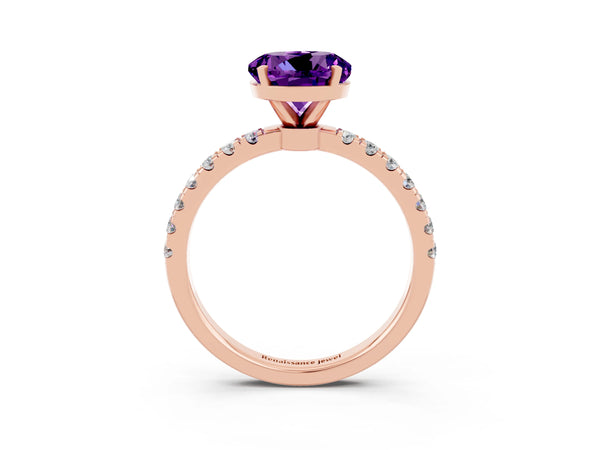 Rose gold Round Cut Amethyst Solitaire Ring with Pavé Accents and Four-Prong Setting