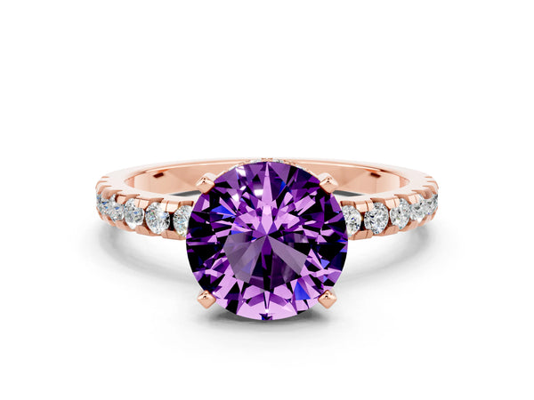 Rose gold Round Cut Amethyst Solitaire Ring with Round  Pavé Band and Four-Prong Setting