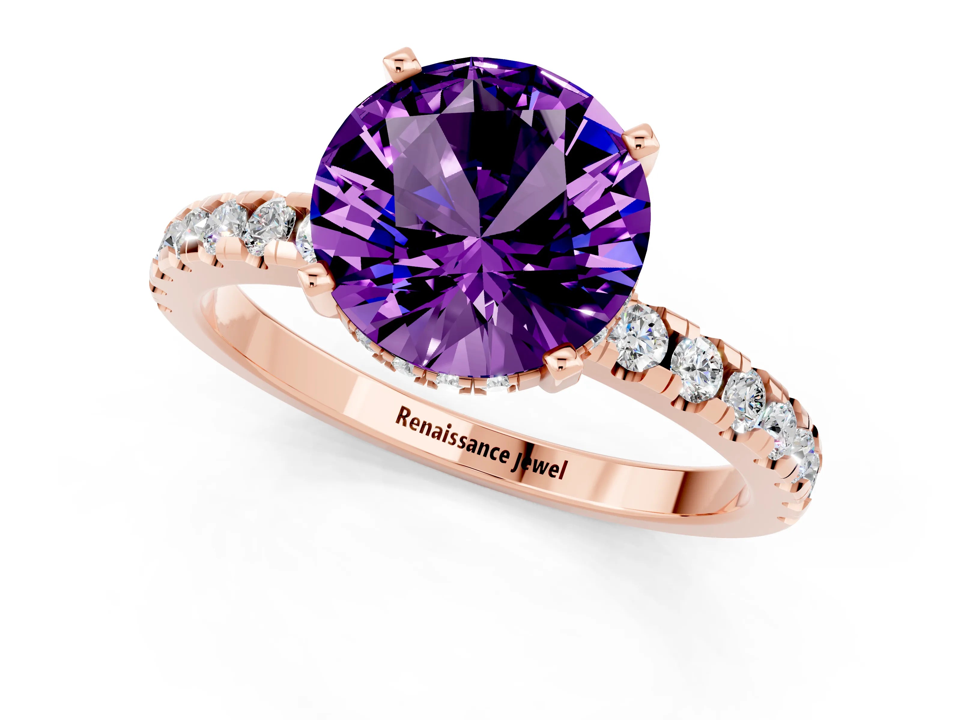 Rose gold Round Cut Amethyst Solitaire Ring with Pavé Band and Four-Prong Setting_25