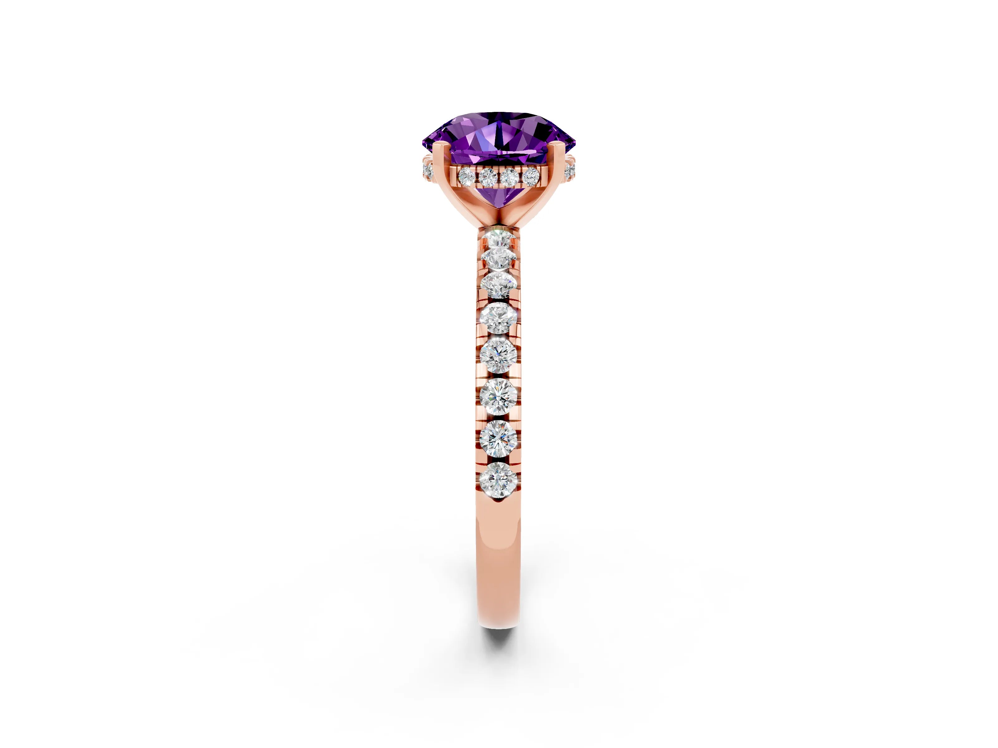 Rose gold Round Cut Amethyst Solitaire Ring with Pavé Band and Four-Prong Setting_26