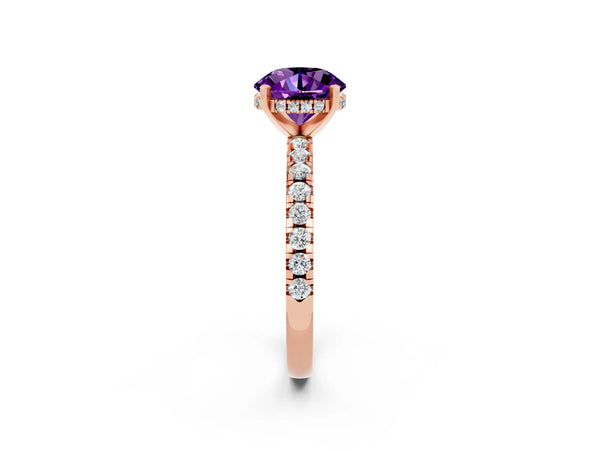 Rose gold Round Cut Amethyst Solitaire Ring with Round  Pavé Band and Four-Prong Setting