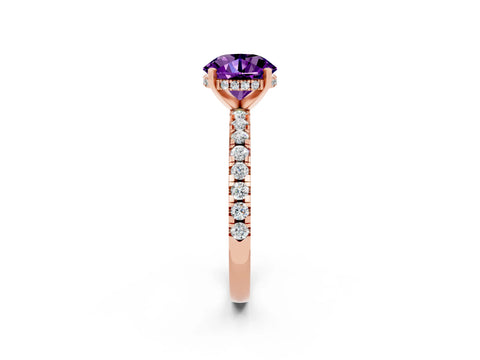 Rose gold Round Cut Amethyst Solitaire Ring with Pavé Band and Four-Prong Setting_26