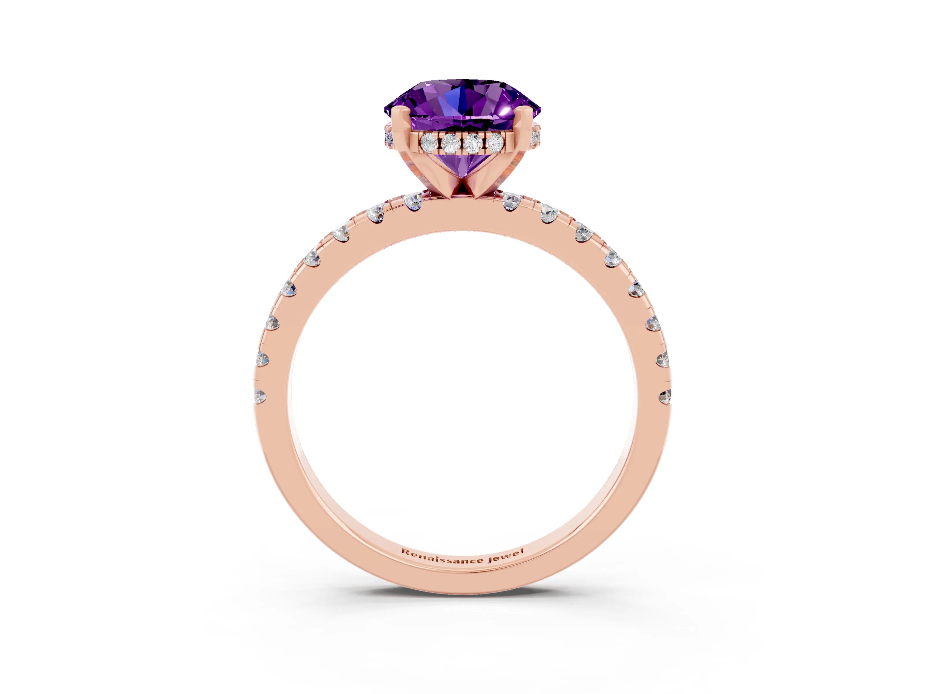 Rose gold Round Cut Amethyst Solitaire Ring with Pavé Band and Four-Prong Setting_27