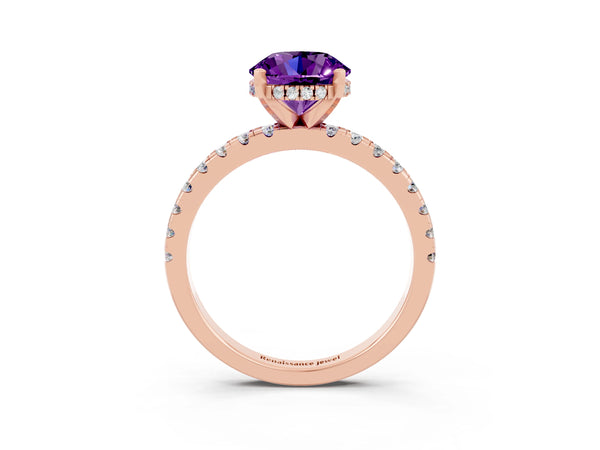 Rose gold Round Cut Amethyst Solitaire Ring with Round  Pavé Band and Four-Prong Setting