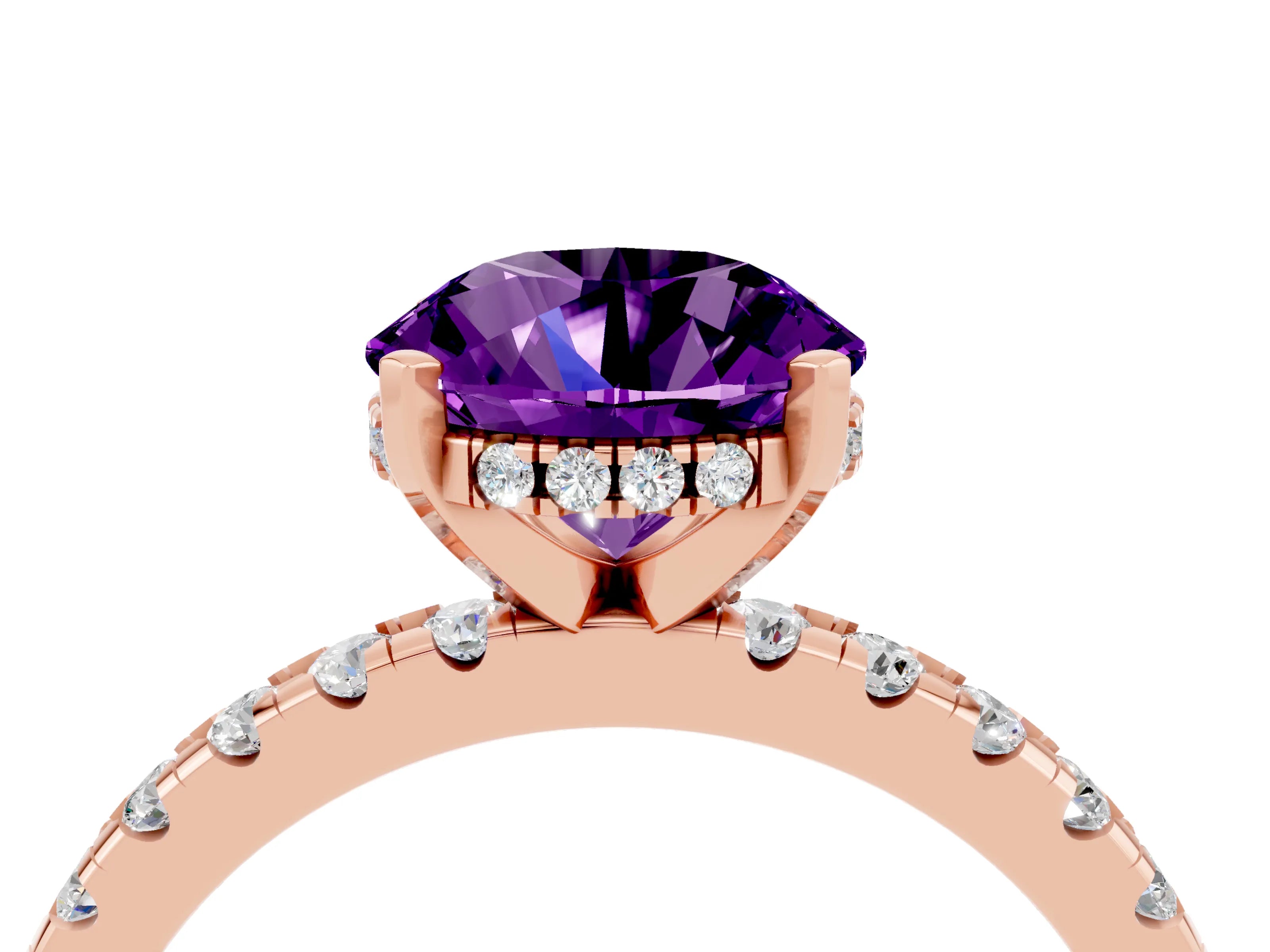 Rose gold Round Cut Amethyst Solitaire Ring with Pavé Band and Four-Prong Setting_28