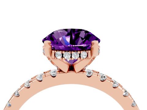 Rose gold Round Cut Amethyst Solitaire Ring with Pavé Band and Four-Prong Setting_28