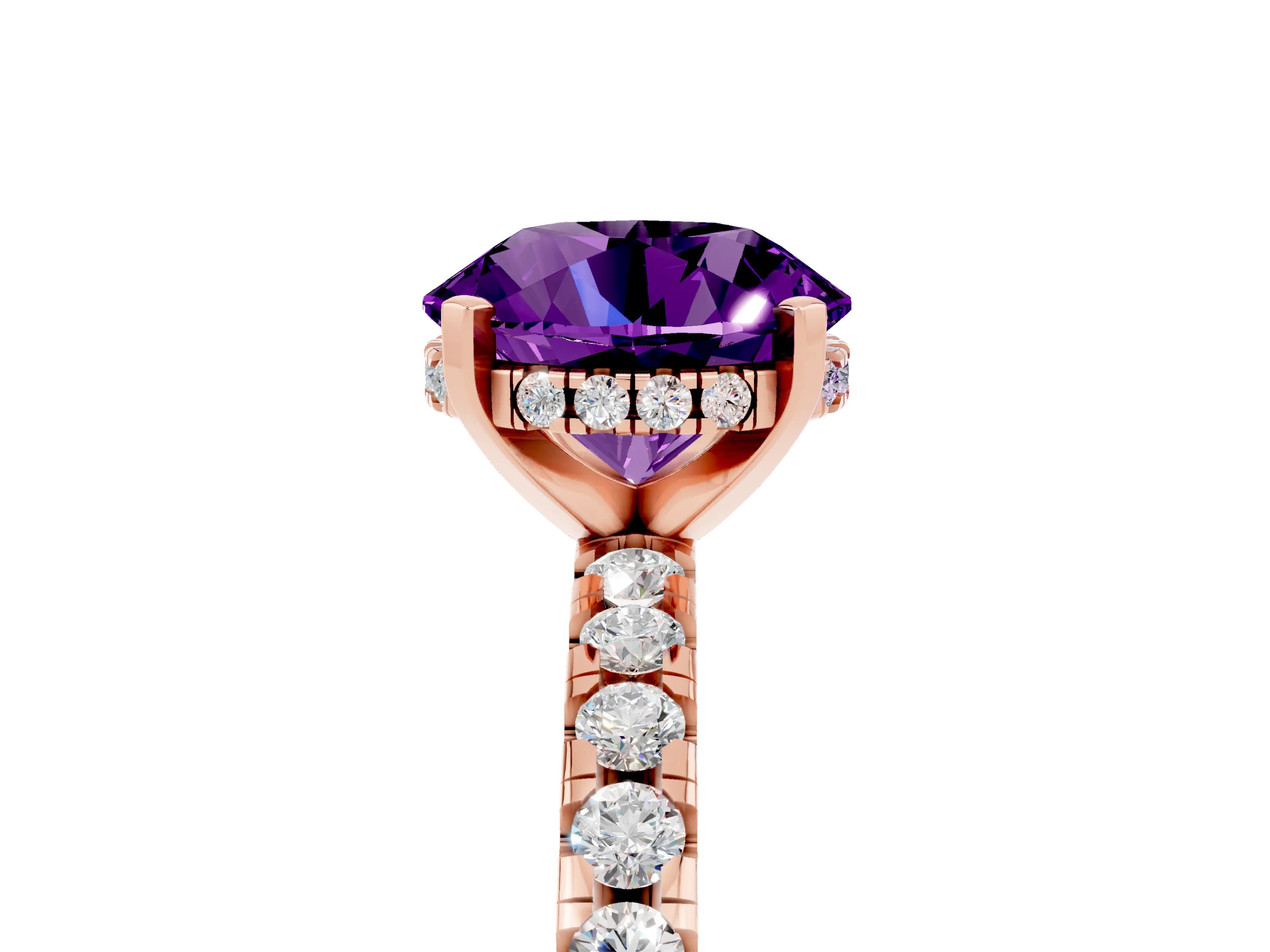 Rose gold Round Cut Amethyst Solitaire Ring with Pavé Band and Four-Prong Setting_29