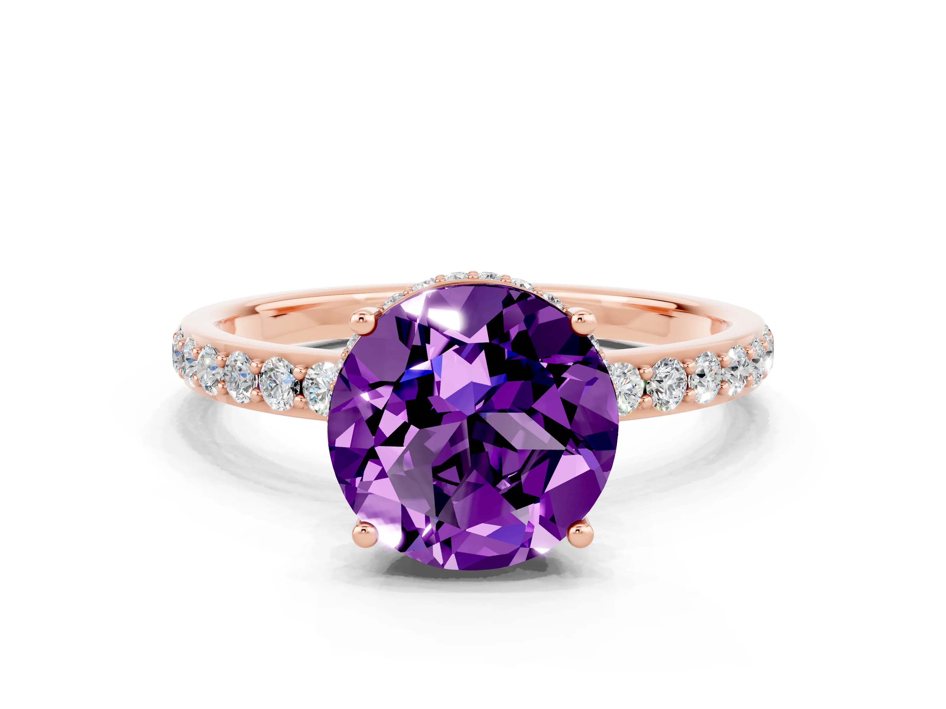 Rose gold Round Cut Amethyst Solitaire Ring with Pavé Band and Hidden Halo_12