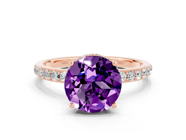 Rose gold Round Cut Amethyst Solitaire Ring with Pavé Band and Hidden Halo